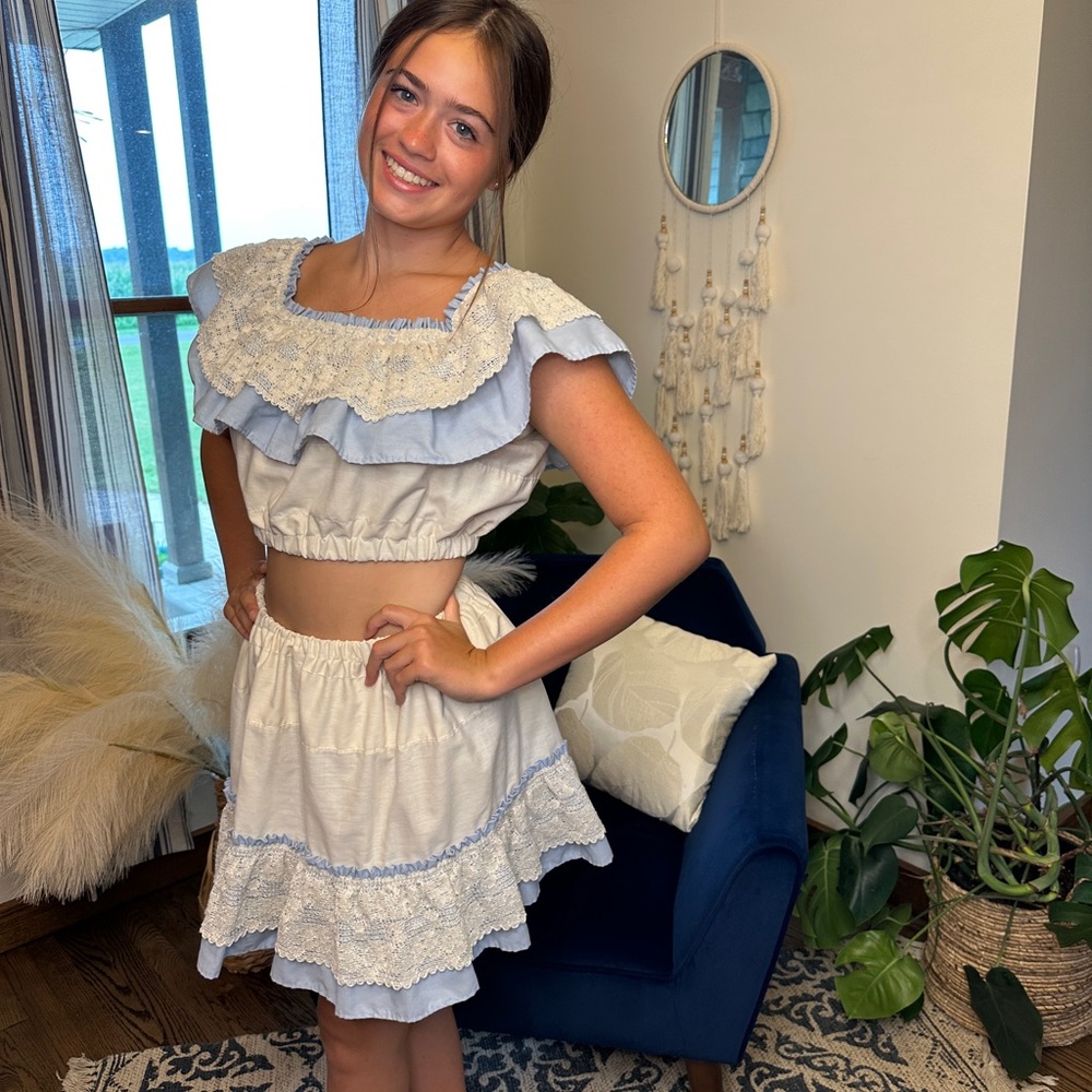 White and Blue Ruffled Two-Piece Outfit